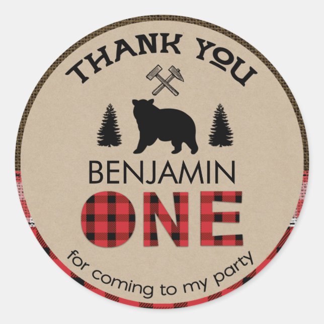 Lumberjack Bear Primer Pegatina de Favor de Cumple (Anverso)