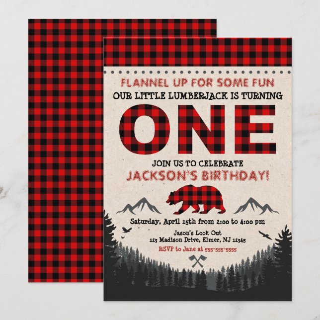 Lumberjack Invitación al cumpleaños Buffalo coloca (Anverso / Reverso)