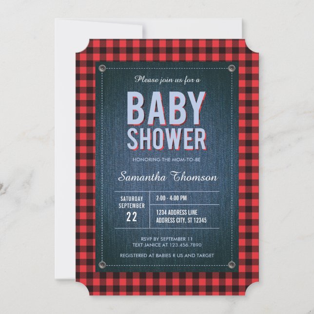 Lumberjack Plaid y Jean Baby Shower Invitación (Anverso)