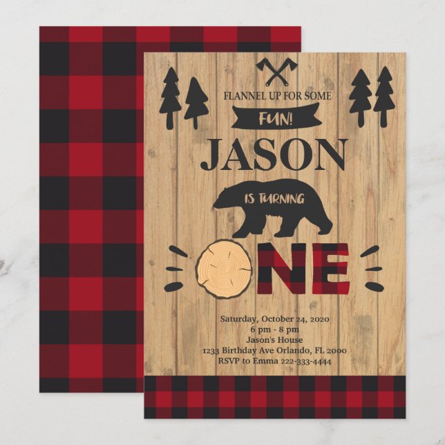 Lumberjack Woodland Boy Invitación de primer cumpl (Anverso / Reverso)