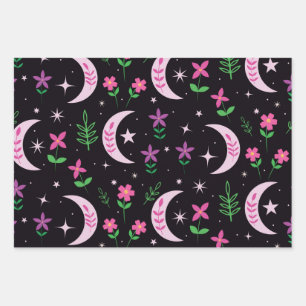 Luna boho con flores y hojas rosadas