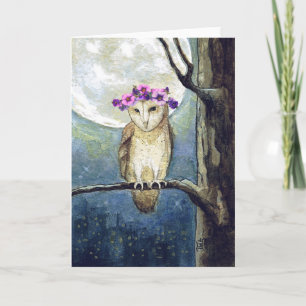 Luna de Búho & Flores Tarjeta en Blanco