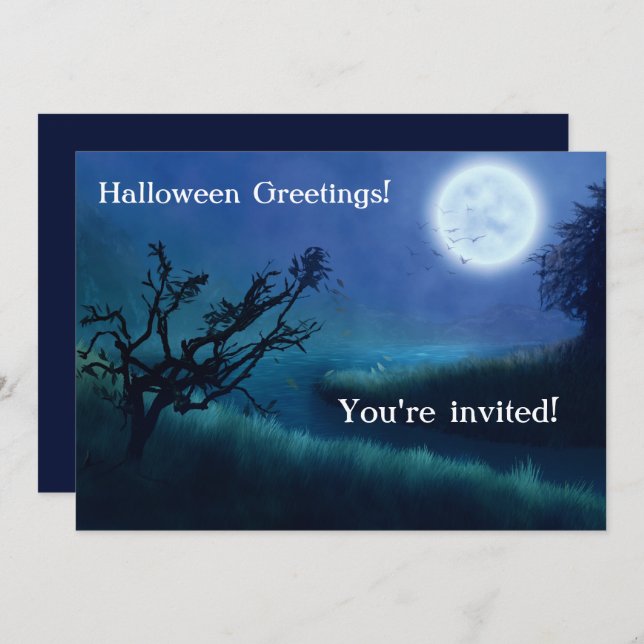 Luna de Halloween de noche en tonos azules y verde (Anverso / Reverso)