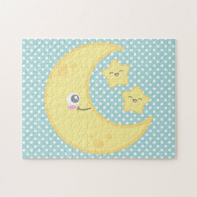 Luna de Kawaii y rompecabezas de estrellas (Horizontal)