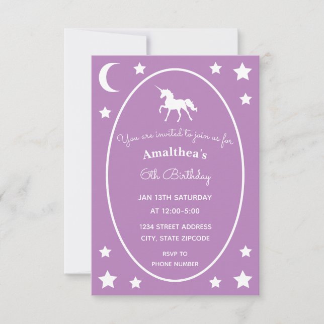 Luna del unicornio e invitación púrpuras de las (Anverso)