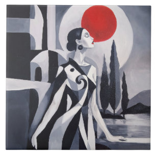 Luna Escarlata: Azulejo Cerámico Estilizado de 6x6