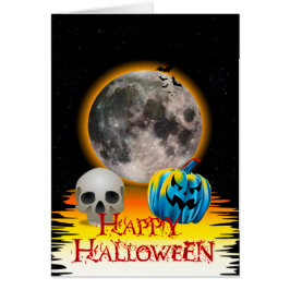 Luna llena, cráneo y calabaza azul con tarjeta de 