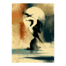 Luna Perikan Arte Japonés Sumi-E Abstracto Pelícan