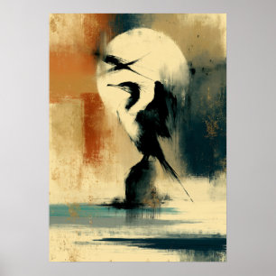 Luna Perikan Arte Japonés Sumi-E Abstracto Pelícan