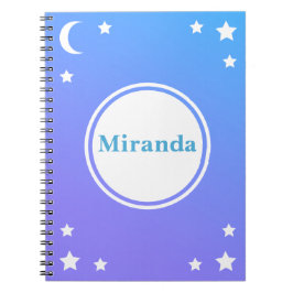 Luna púrpura azul y cuaderno espiral de las