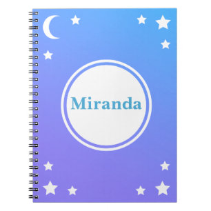 Luna púrpura azul y cuaderno espiral de las