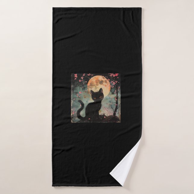 Luna Roja mística con gato negro y sakura (Toalla de baño)
