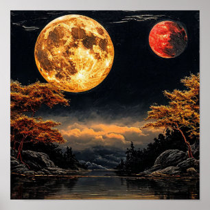 Luna roja sobre un lago Decoración Celestial Dramá
