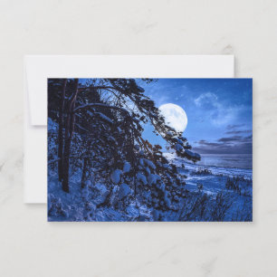 Luna sobre un árbol de abetos nevado y costa marin