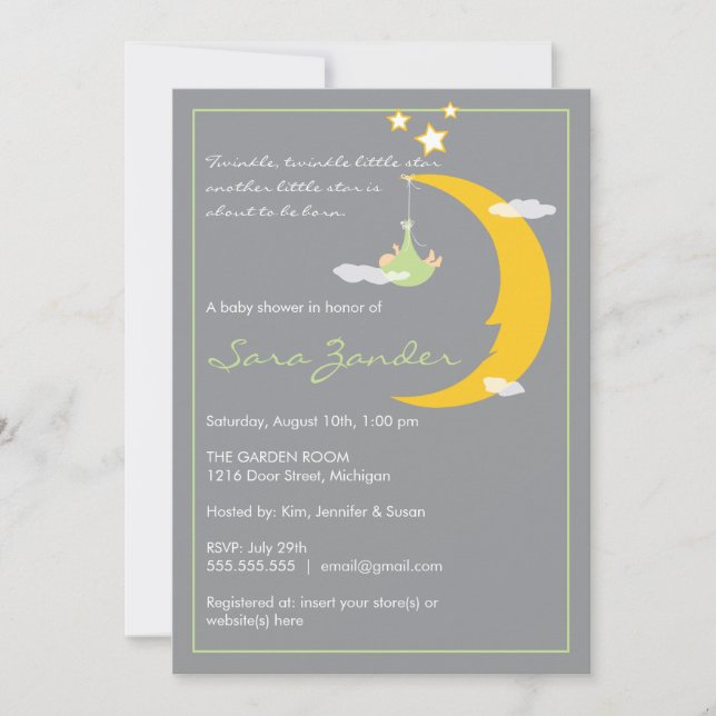 Luna y estrellas de la invitación de Baby Shower (Anverso)