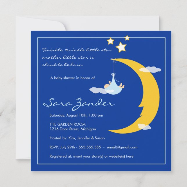 Luna y estrellas de la invitación de Baby Shower (Anverso)