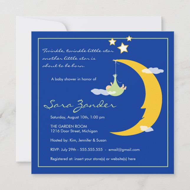 Luna y estrellas de la invitación de Baby Shower (Anverso)