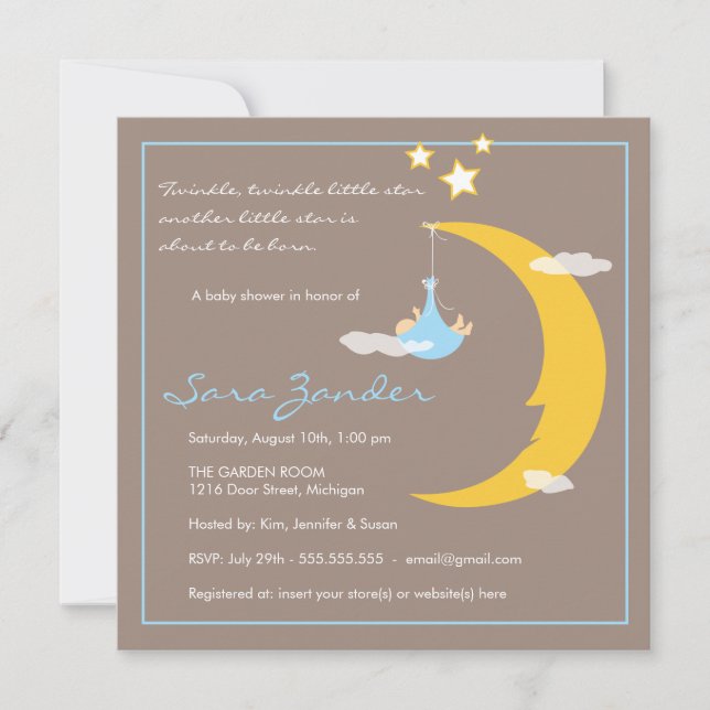 Luna y estrellas de la invitación de Baby Shower (Anverso)
