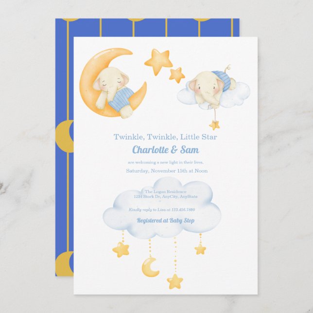 Luna y estrellas | Invitaciones a ducha para bebés (Anverso / Reverso)