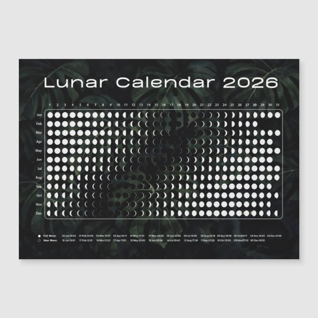 Lunar Calendar 2026 Moon Phases Chart (Anverso)