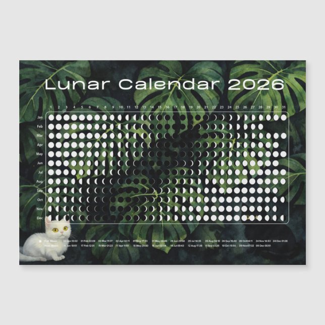 Lunar Calendar 2026 Moon Phases Monstera cats (Anverso)
