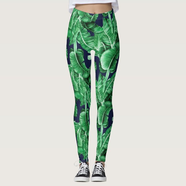 Lush Tropical Green Leaves Pattern Leggings (Anverso)