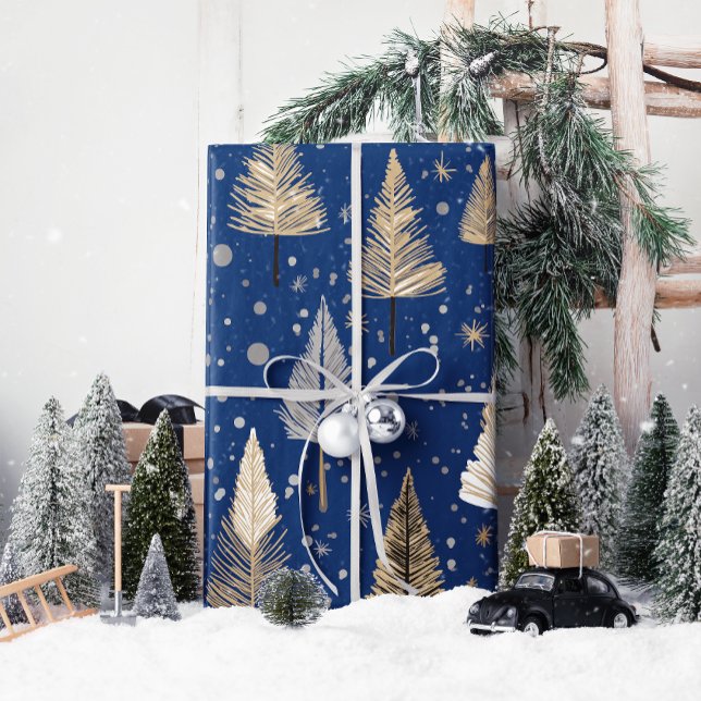 Lux Navidades Gold sobre papel de envolvimiento az (Wrap your gifts in elegance with Lux Christmas Gold on Blue—pure holiday magic!)