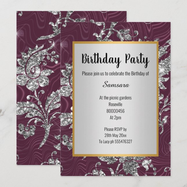 LUXE BURGUNDY SILVER GOLD BIRTHDAY INVITACIÓN (Anverso / Reverso)