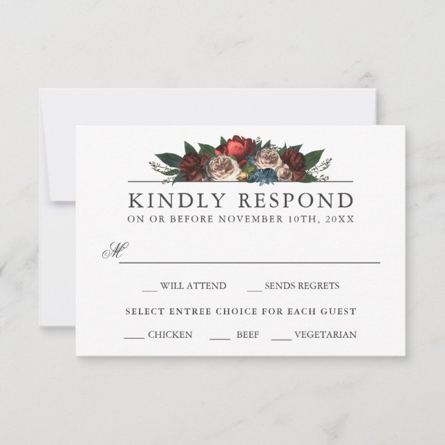 Luxe Floral Wedding RSVP con opciones de Entree (Anverso)