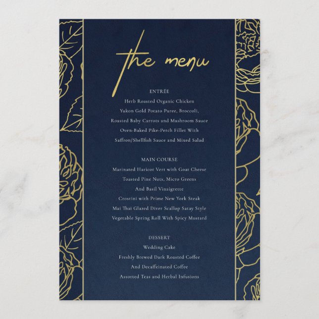 LUXE NAVY FAUX GOLD KRAFT ELEGANT ROSE FLORAL MENU (Anverso)