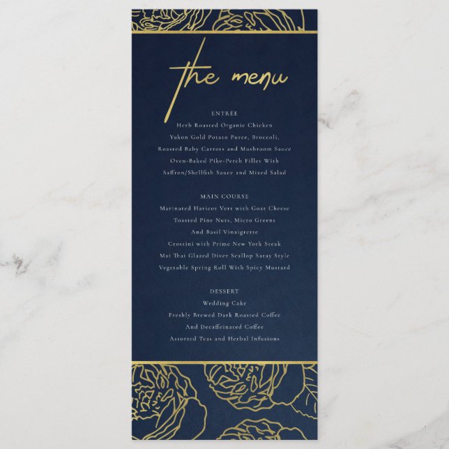 LUXE NAVY FAUX GOLD KRAFT ELEGANTE MENÚ DE FLORES  (Anverso)