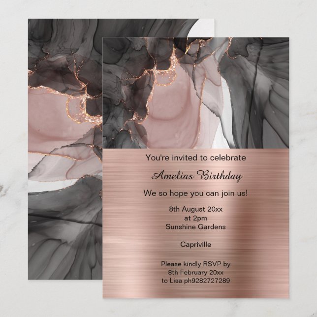 LUXE ROSA ORO CHIFFON FIESTA INVITACIÓN METÁLICA (Anverso / Reverso)