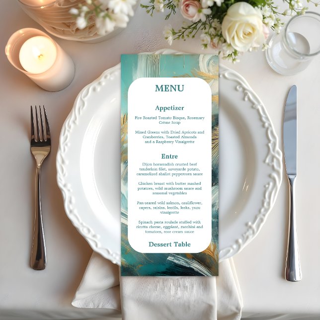 Luxe Turquoise and Gold Brushstrokes Menu (Subido por el creador)