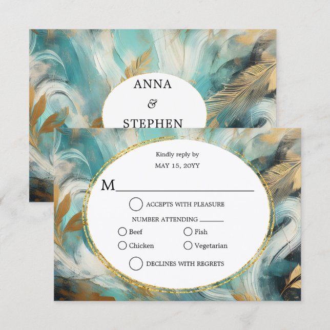 Luxe Turquoise Gold Brushstroke RSVP (Anverso / Reverso)