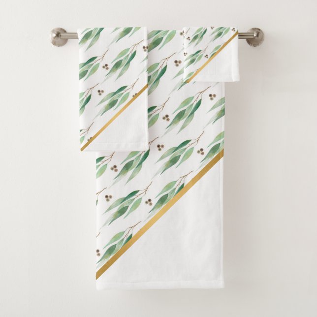 LUXE WHITE EUCALYPTUS GOLD BATH TOWEL SET (In situ)