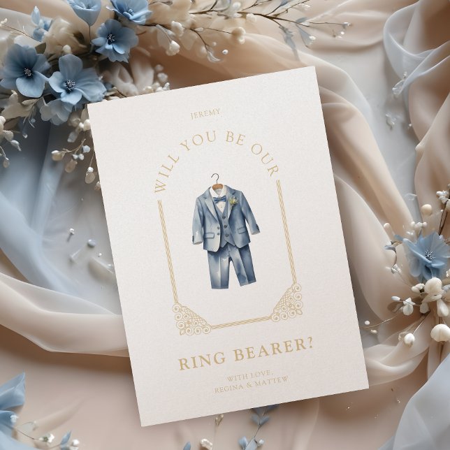 Luxurious Ring Bearer Blue Dress Ornamental Dome (Luxurious Blue Suit Ornamental Dome Arch Effect Ring Bearer Proposal Card.)
