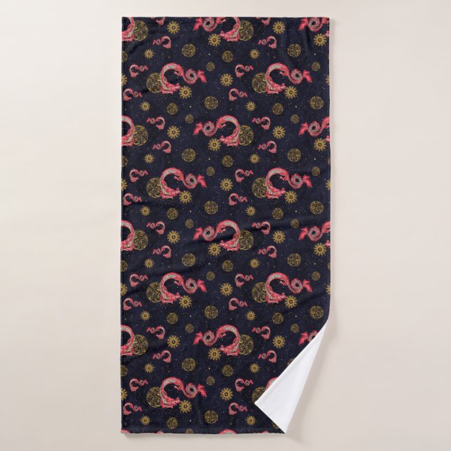 Luxury Bath Towel with Red Chinese Dragons & Gold (Toalla de baño)