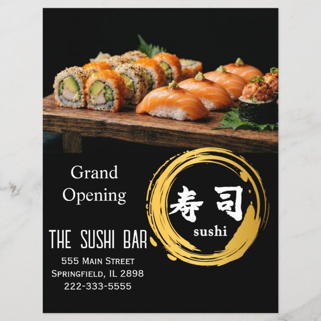 Luxury Black Gold Two-Sided Sushi Bar Menu Flyer (Frente)