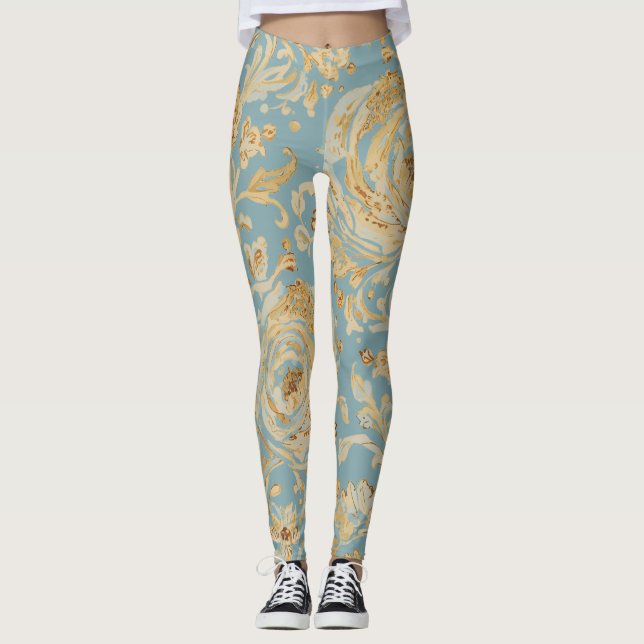 Luxury Gold Roses and Soft Blue Leggings (Anverso)
