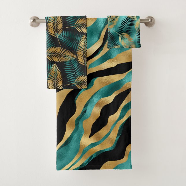 Luxury Gold Teal Tiger Stripe & Tropical Leaves (In situ)