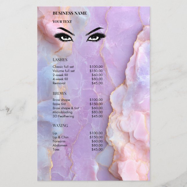 Luxury Pastel Marble Lash Ar Salon Price List Menu (Frente)