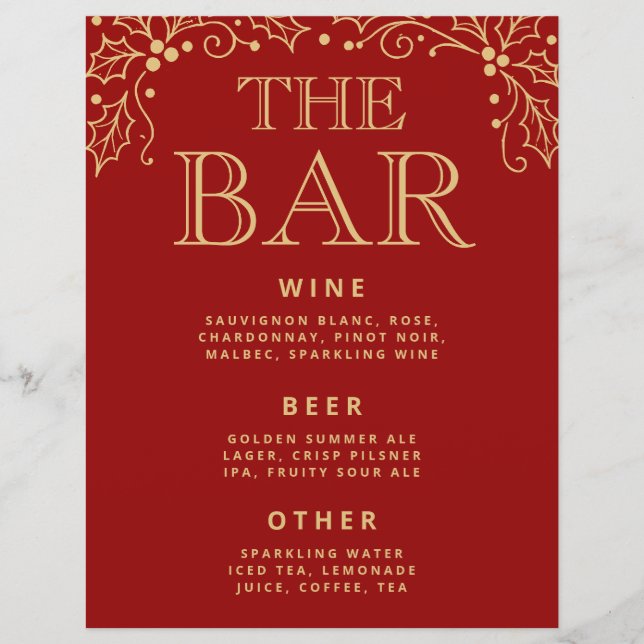 Luxury Red & Antique Gold Wedding Bar Menu Sign (Anverso)
