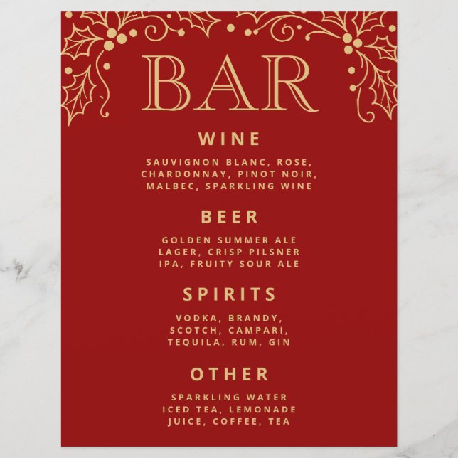 Luxury Red Antique Gold Wedding Bar Menu Tabletop (Anverso)