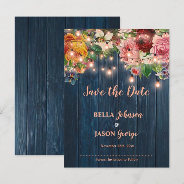 Luz Floral de Madera Azul Tarjeta de Boda Guardar  (Anverso / Reverso)