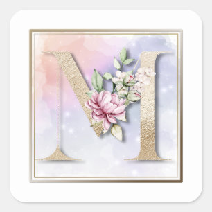 M Monograma Burgundy Pegatina de Plaza Floral