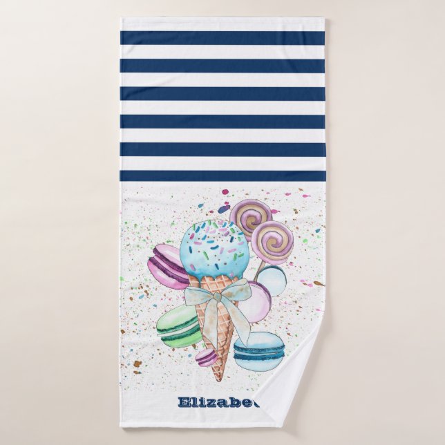Macarrones de helado azul marino y blanco rayado  (Toalla de baño)
