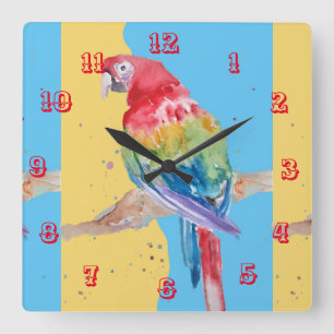 Macaw Watercolor Parrot Pájaro Niños Cuarto Reloj