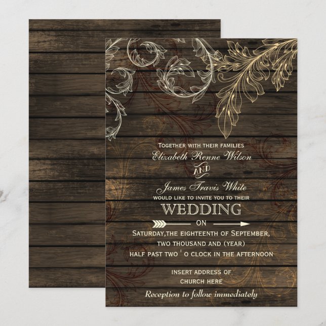 Madera de grano Florecen las invitaciones nupciale (Anverso / Reverso)