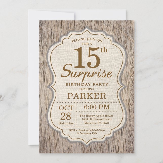 Madera de Invitación a los 15 Años Rustic Surprise (Anverso)
