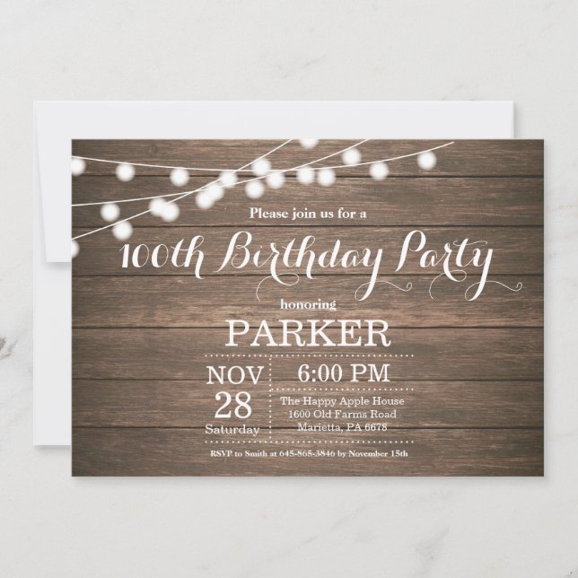 Madera de Invitación Rústica del 100 Aniversario (Anverso)
